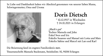 Traueranzeige von Doris Dietsch von vrm-trauer