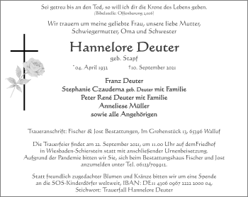 Traueranzeige von Hannelore Deuter von VRM Tageszeitungen