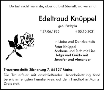 Traueranzeige von Edeltraud Knüppel von vrm-trauer