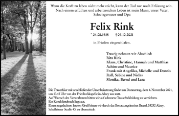 Traueranzeige von Felix Rink von vrm-trauer