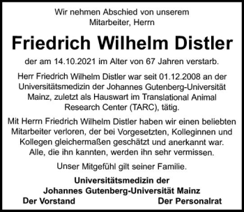 Traueranzeige von Friedrich Wilhelm Distler von vrm-trauer