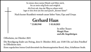 Traueranzeige von Gerhard Haas von vrm-trauer