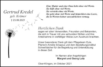 Traueranzeige von Gertrud Kredel von vrm-trauer