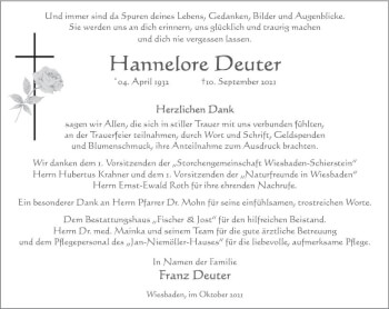 Traueranzeige von Hannelore Deuter von vrm-trauer
