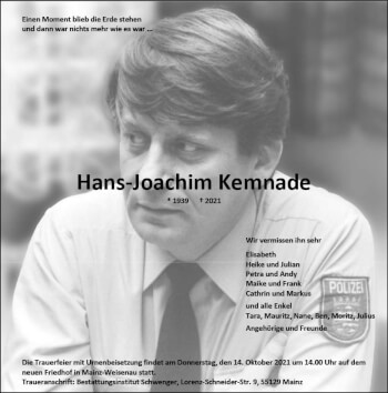 Traueranzeige von Hans-Joachim Kemnade von vrm-trauer