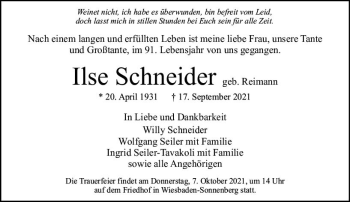 Traueranzeige von Ilse Schneider von vrm-trauer