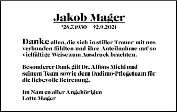 Traueranzeige von Jakob Mager von vrm-trauer