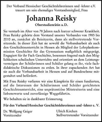 Traueranzeige von Johanna Reisky von vrm-trauer