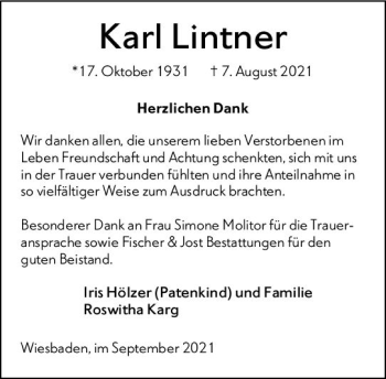 Traueranzeige von Karl Lintner von vrm-trauer