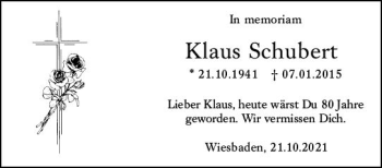 Traueranzeige von Klaus Schubert von vrm-trauer