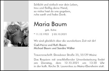Traueranzeige von Maria Baum von vrm-trauer