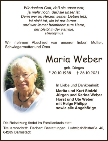 Traueranzeige von Maria Weber von vrm-trauer