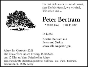 Traueranzeige von Peter Bertram von vrm-trauer