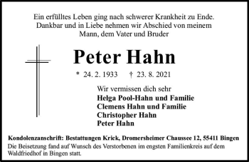 Traueranzeige von Peter Hahn von vrm-trauer