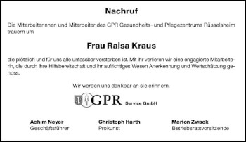 Traueranzeige von Raisa Kraus von vrm-trauer