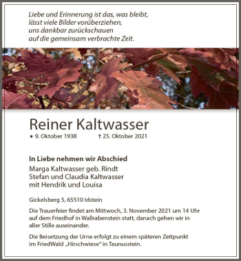 Traueranzeige von Reiner Kaltwasser von vrm-trauer