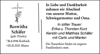 Traueranzeige von Roswitha Schäfer von vrm-trauer