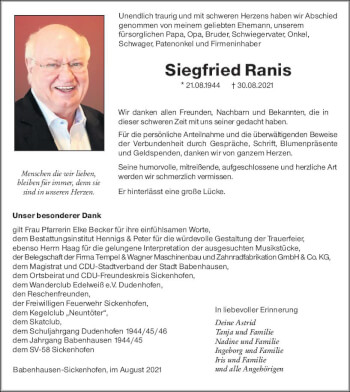 Traueranzeige von Siegfried Ranis von vrm-trauer