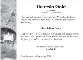 Traueranzeige von Theresia Gold von vrm-trauer