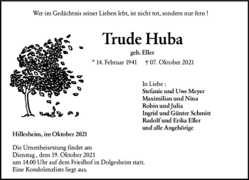 Traueranzeige von Trude Huba von vrm-trauer