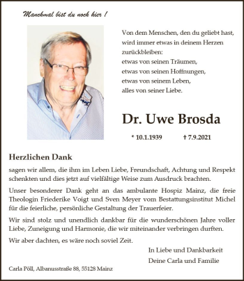 Traueranzeige von Uwe Brosda von vrm-trauer