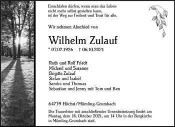 Traueranzeige von Wilhelm Zulauf von vrm-trauer