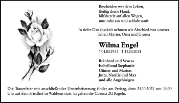 Traueranzeige von Wilma Engel von vrm-trauer