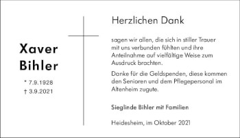 Traueranzeige von Xaver Bihler von vrm-trauer