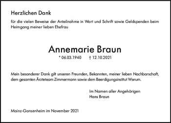 Traueranzeige von Annemarie Braun von vrm-trauer