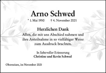 Traueranzeige von Arno Schwed von vrm-trauer