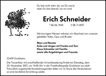 Traueranzeige von Erich Schneider von VRM Tageszeitungen