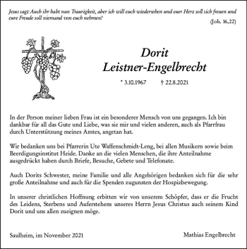 Traueranzeige von Dorit Leistner-Engelbrecht von vrm-trauer