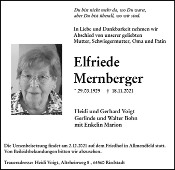 Traueranzeige von Elfriede Mernberger von vrm-trauer