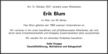 Traueranzeige von Erik Blum von vrm-trauer