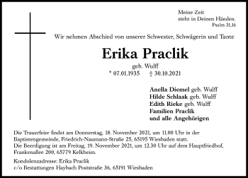 Traueranzeige von Erika Praclik von vrm-trauer