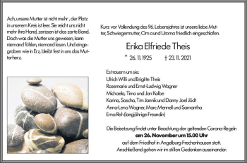 Traueranzeige von Erika Elfriede Theis von  Hinterländer Anzeiger