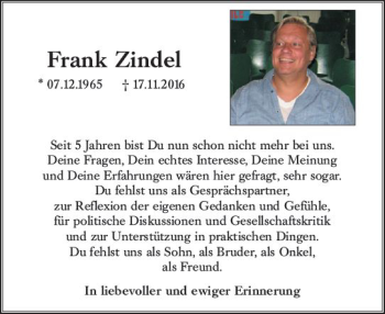 Traueranzeige von Frank Zindel von vrm-trauer