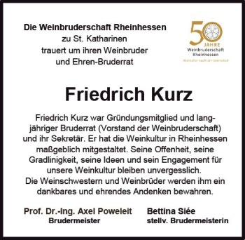 Traueranzeige von Friedrich Kurz von vrm-trauer
