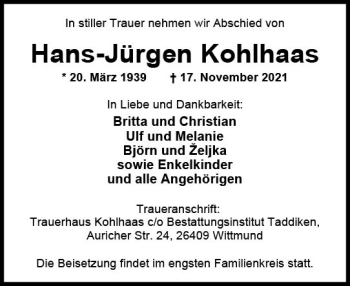 Traueranzeige von Hans-Jürgen Kohlhaas von vrm-trauer