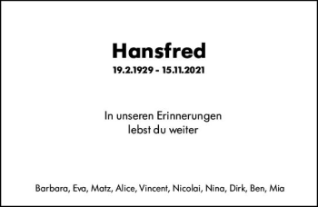 Traueranzeige von Hansfred  von vrm-trauer