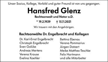 Traueranzeige von Hansfred Glenz von vrm-trauer