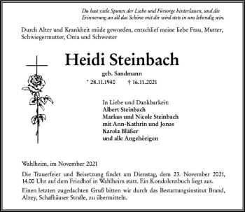Traueranzeige von Heidi Steinbach von vrm-trauer