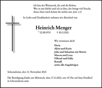 Traueranzeige von Heinrich Menger von vrm-trauer