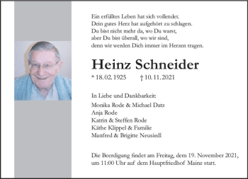 Traueranzeige von Heinz Schneider von vrm-trauer