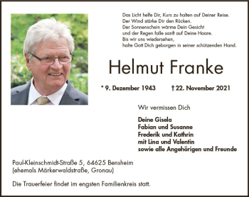 Traueranzeige von Helmut Franke von vrm-trauer