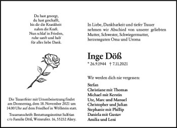 Traueranzeige von Inge Döß von vrm-trauer