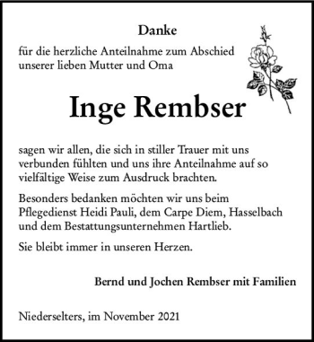 Traueranzeige von Inge Rembser von  Camberger Anzeiger