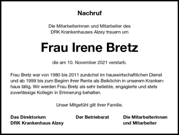 Traueranzeige von Irene Bretz von vrm-trauer