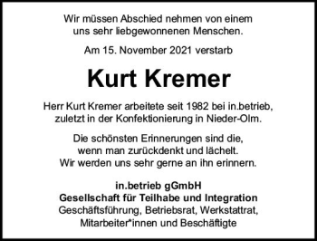 Traueranzeige von Kurt Kremer von vrm-trauer