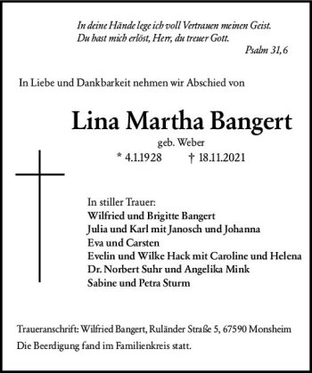 Traueranzeige von Lina Martha Bangert von vrm-trauer